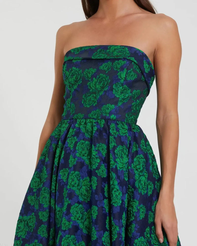 Blue and Green Brocade Strapless A Line Midi Dress brocade by Mac Duggal in multi color for women in Singapore