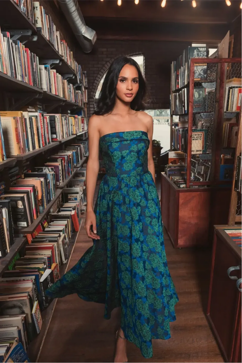 Blue and Green Brocade Strapless A Line Midi Dress brocade by Mac Duggal in multi color for women in Singapore