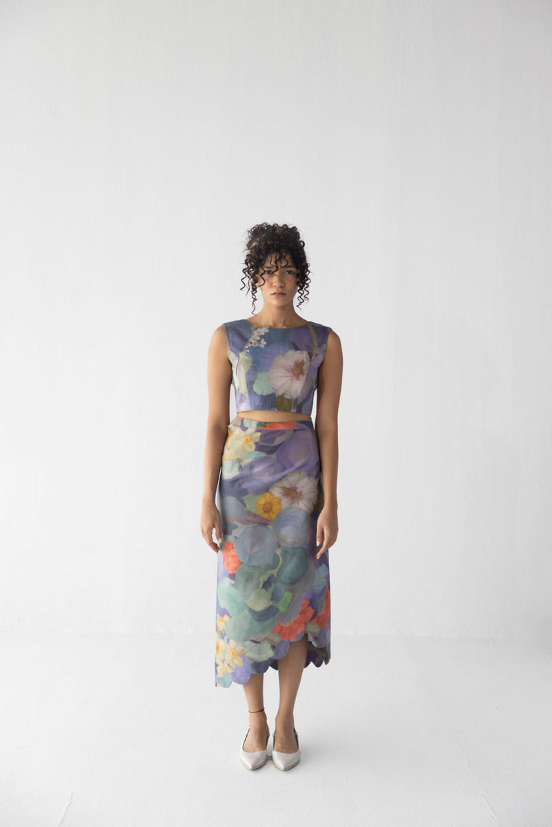 BLUEBERRY SCALLOP SKIRT & TOP satin by Yam in blue color for women in Singapore