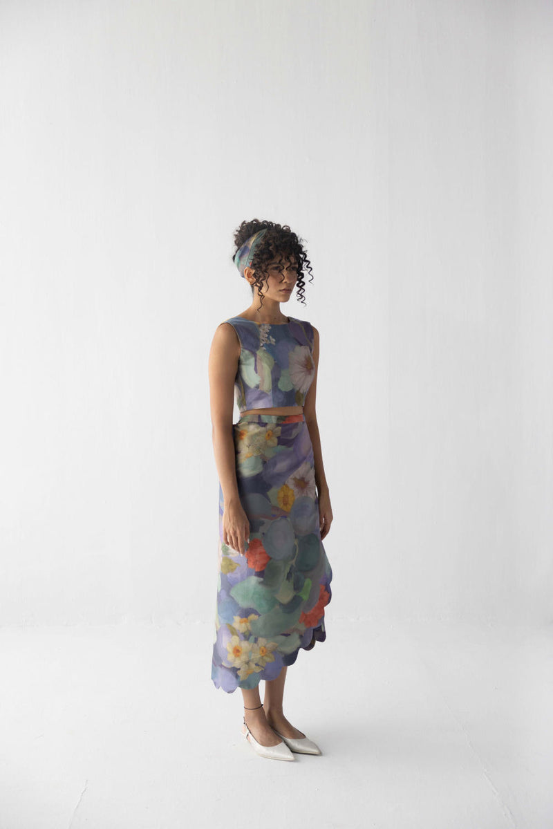 BLUEBERRY SCALLOP SKIRT & TOP satin by Yam in blue color for women in Singapore