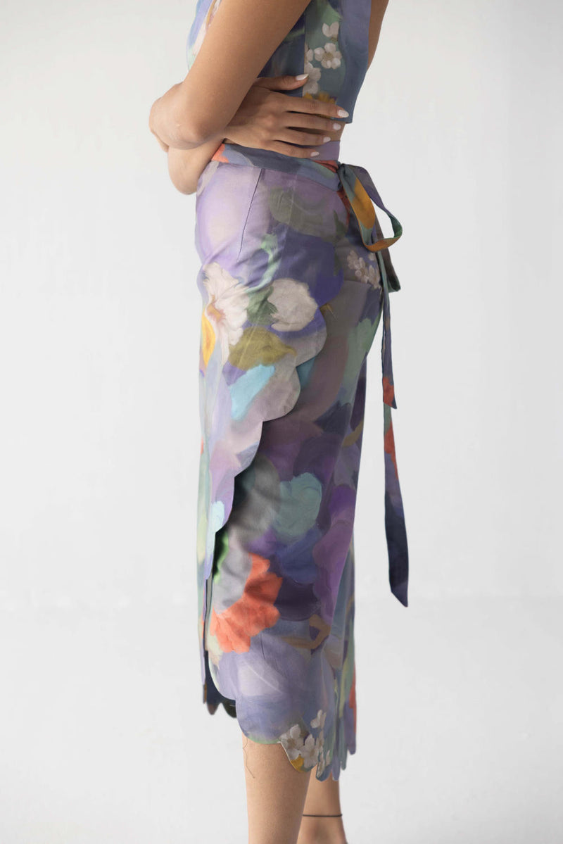 BLUEBERRY SCALLOP SKIRT & TOP satin by Yam in blue color for women in Singapore