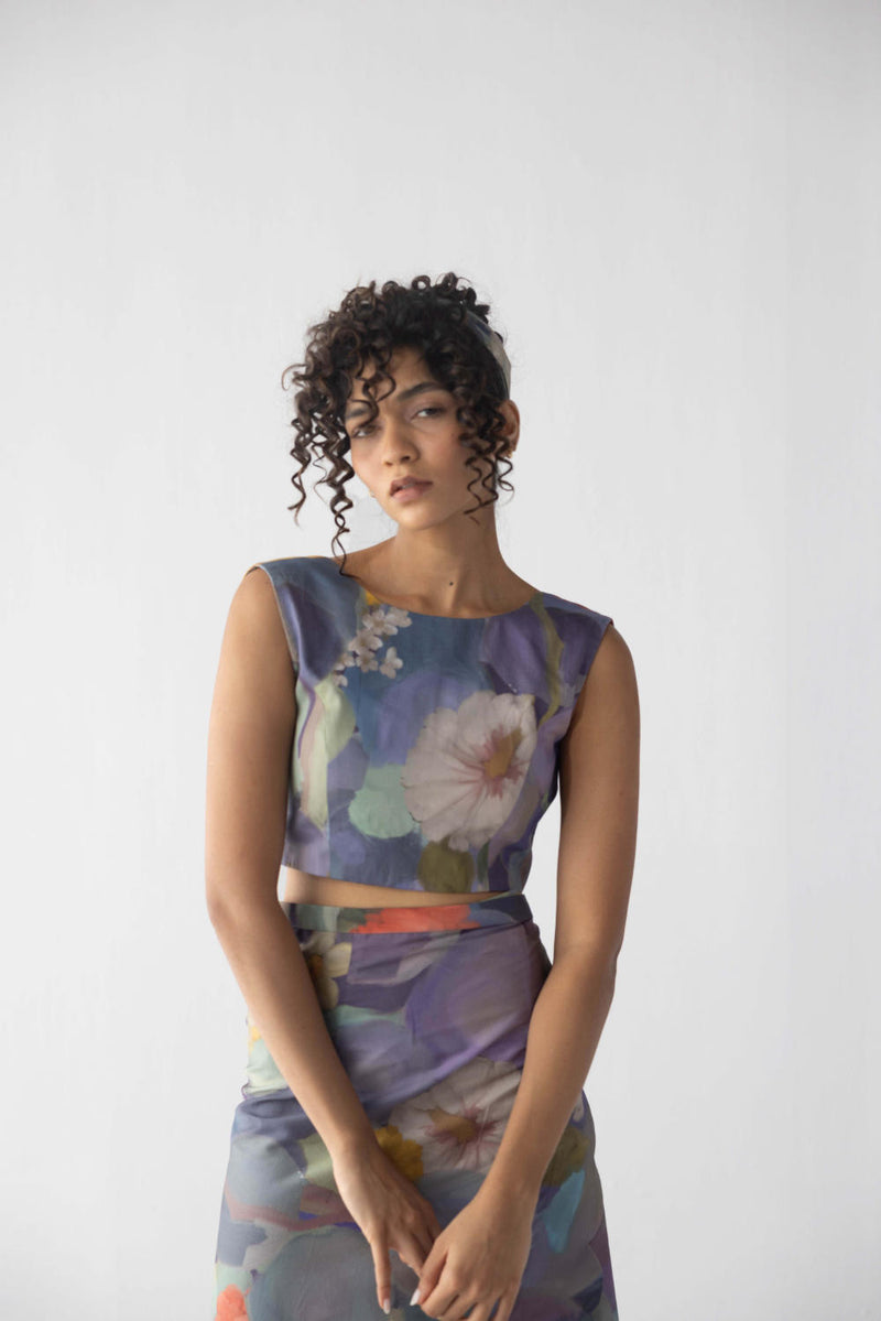 BLUEBERRY SCALLOP SKIRT & TOP satin by Yam in blue color for women in Singapore