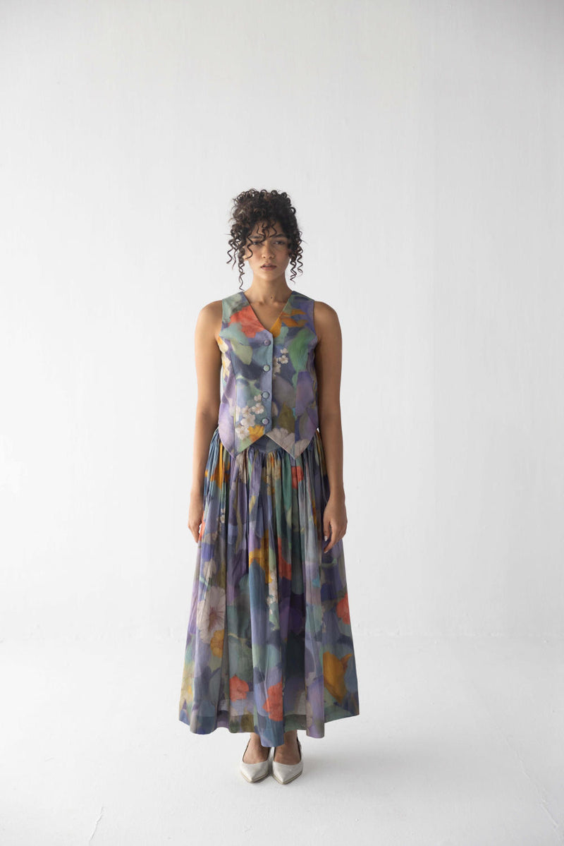 BLUEBERRY WAISTCOAT & SKIRT SET cotton by Yam in blue color for women in Singapore