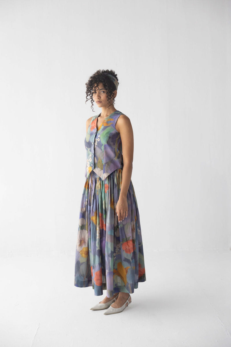BLUEBERRY WAISTCOAT & SKIRT SET cotton by Yam in blue color for women in Singapore