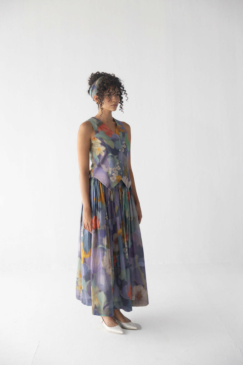 BLUEBERRY WAISTCOAT & SKIRT SET cotton by Yam in blue color for women in Singapore