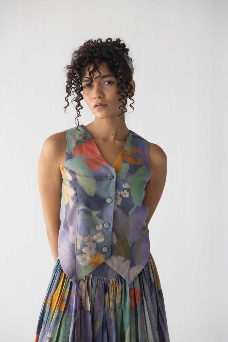 BLUEBERRY WAISTCOAT & SKIRT SET cotton by Yam in blue color for women in Singapore