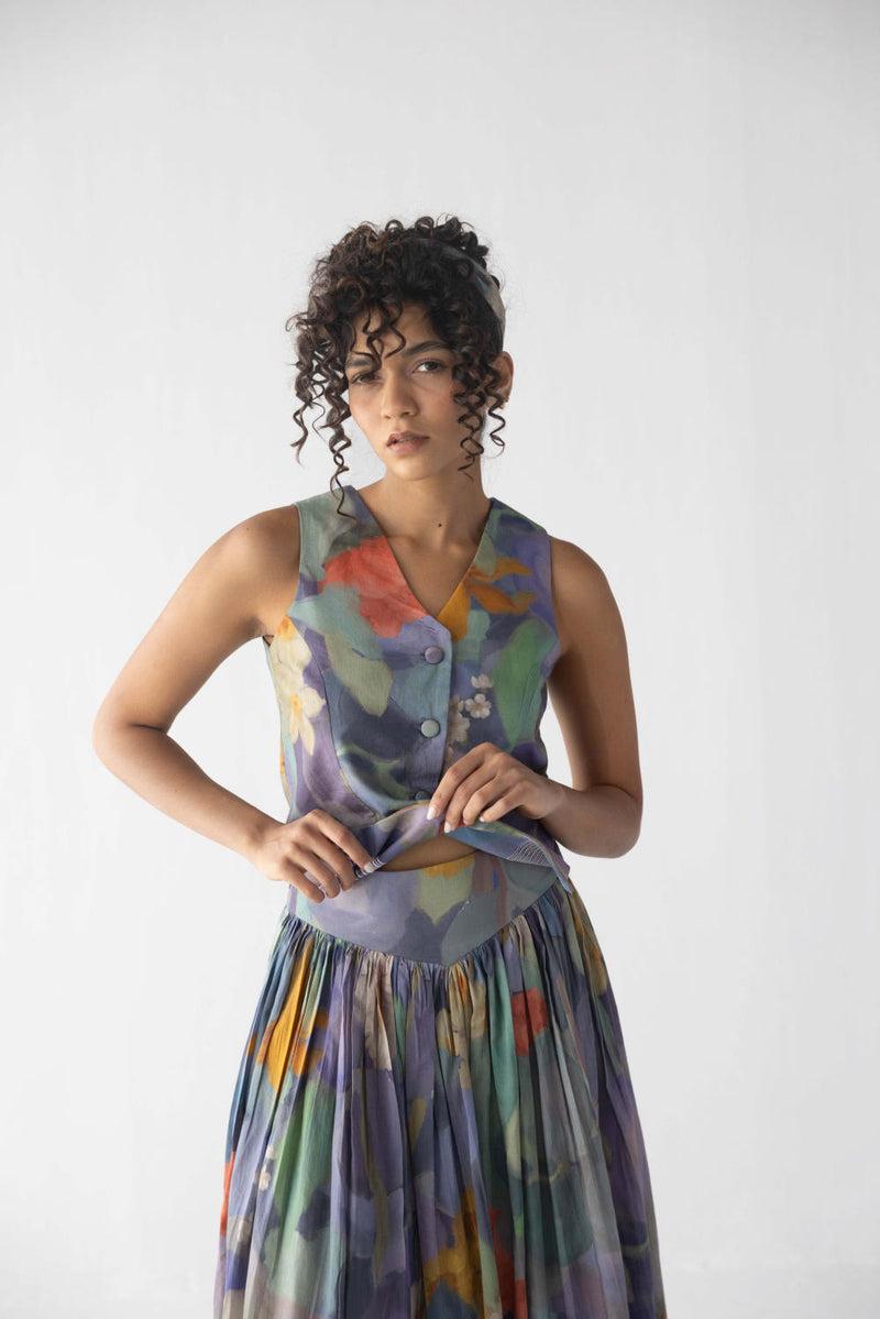 BLUEBERRY WAISTCOAT & SKIRT SET cotton by Yam in blue color for women in Singapore