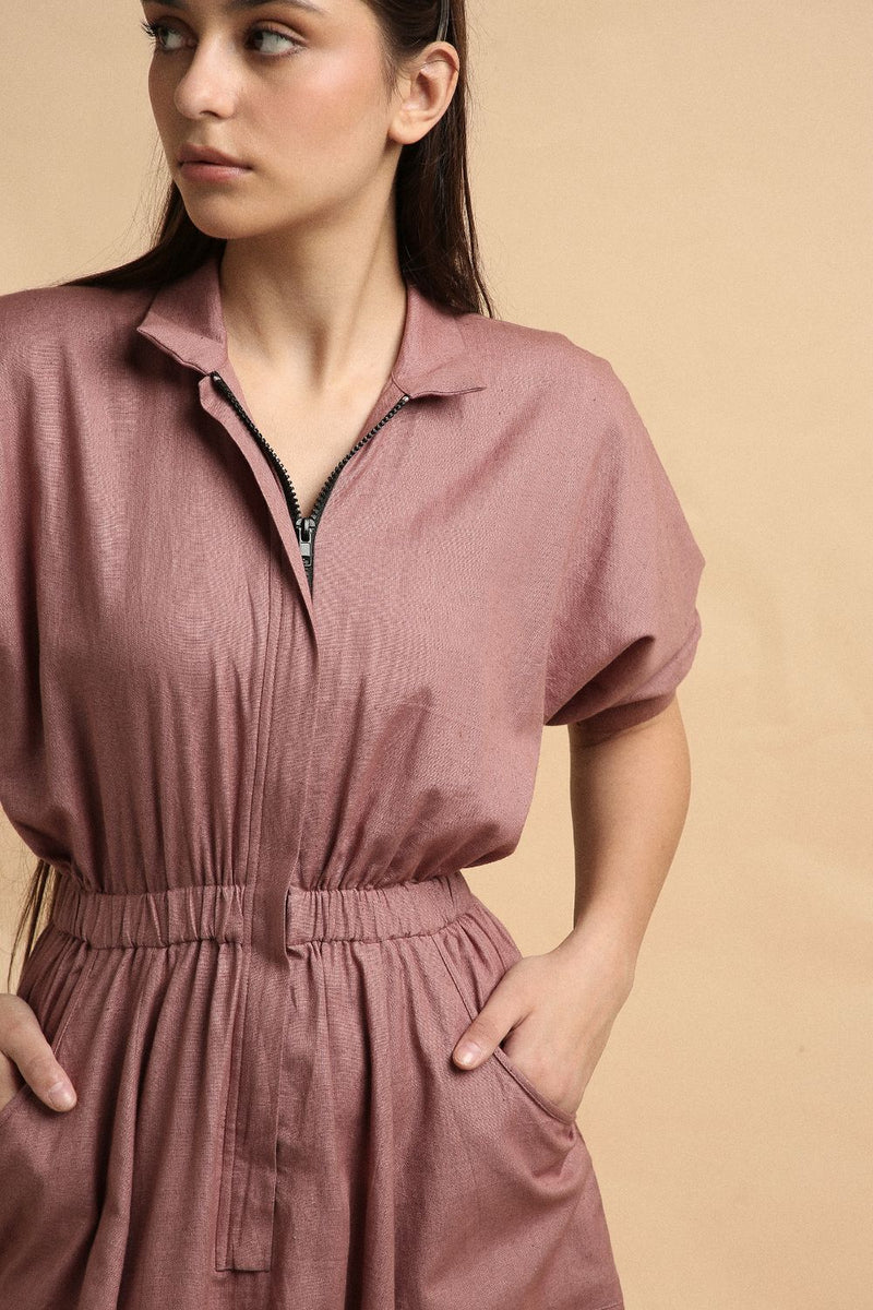 Blush Collar Sphara Jumpsuit 100% cotton by Mati in blush color for women in Singapore