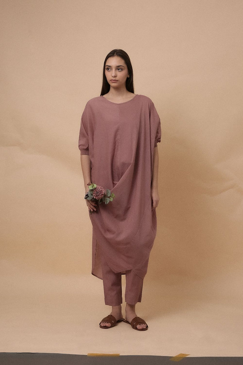 Blush Rib Mul Cowl Tunic Co-Ord Set (2 PCS) 100% cotton by Mati in blush color for women in Singapore