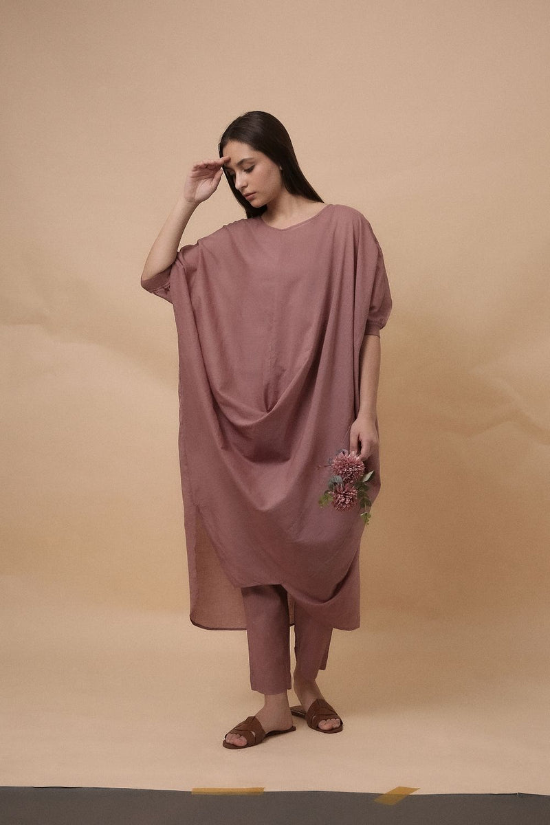Blush Rib Mul Cowl Tunic Co-Ord Set (2 PCS) 100% cotton by Mati in blush color for women in Singapore