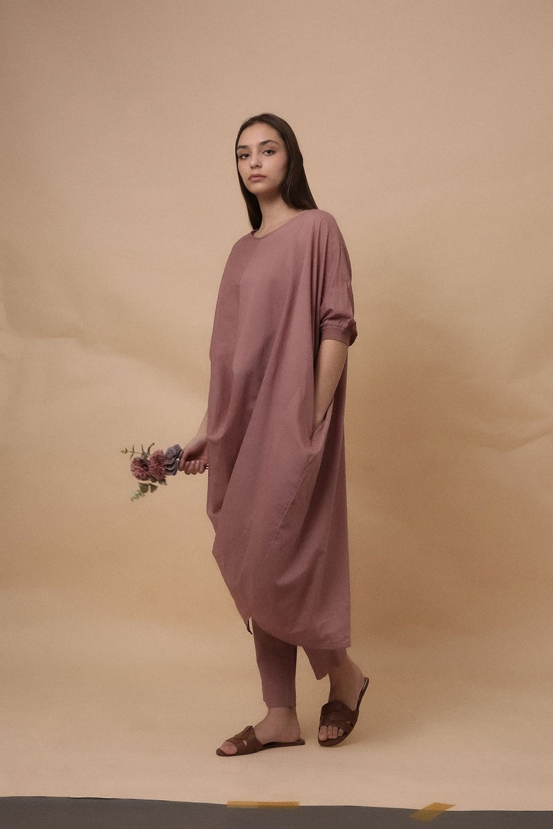 Blush Rib Mul Cowl Tunic Co-Ord Set (2 PCS) 100% cotton by Mati in blush color for women in Singapore