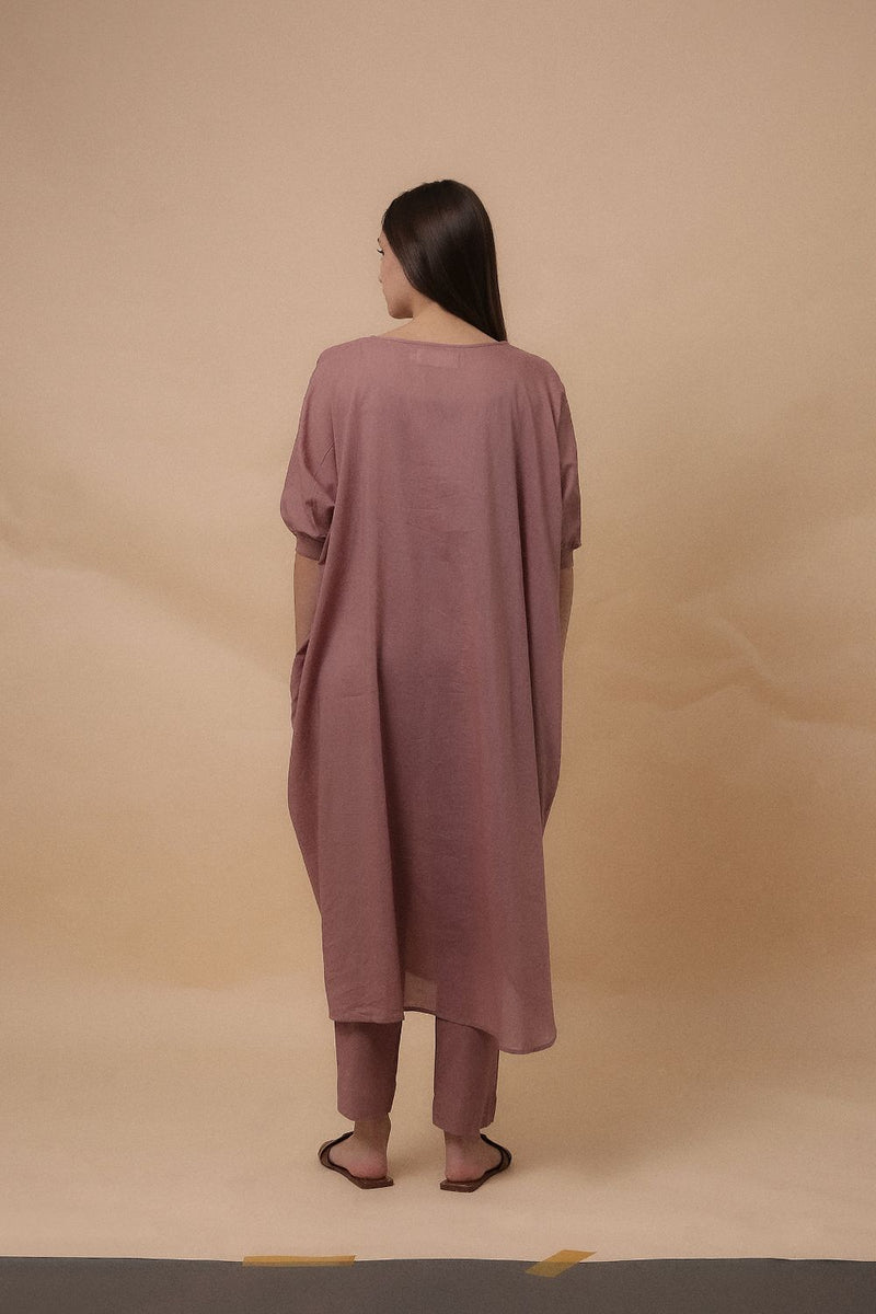 Blush Rib Mul Cowl Tunic Co-Ord Set (2 PCS) 100% cotton by Mati in blush color for women in Singapore