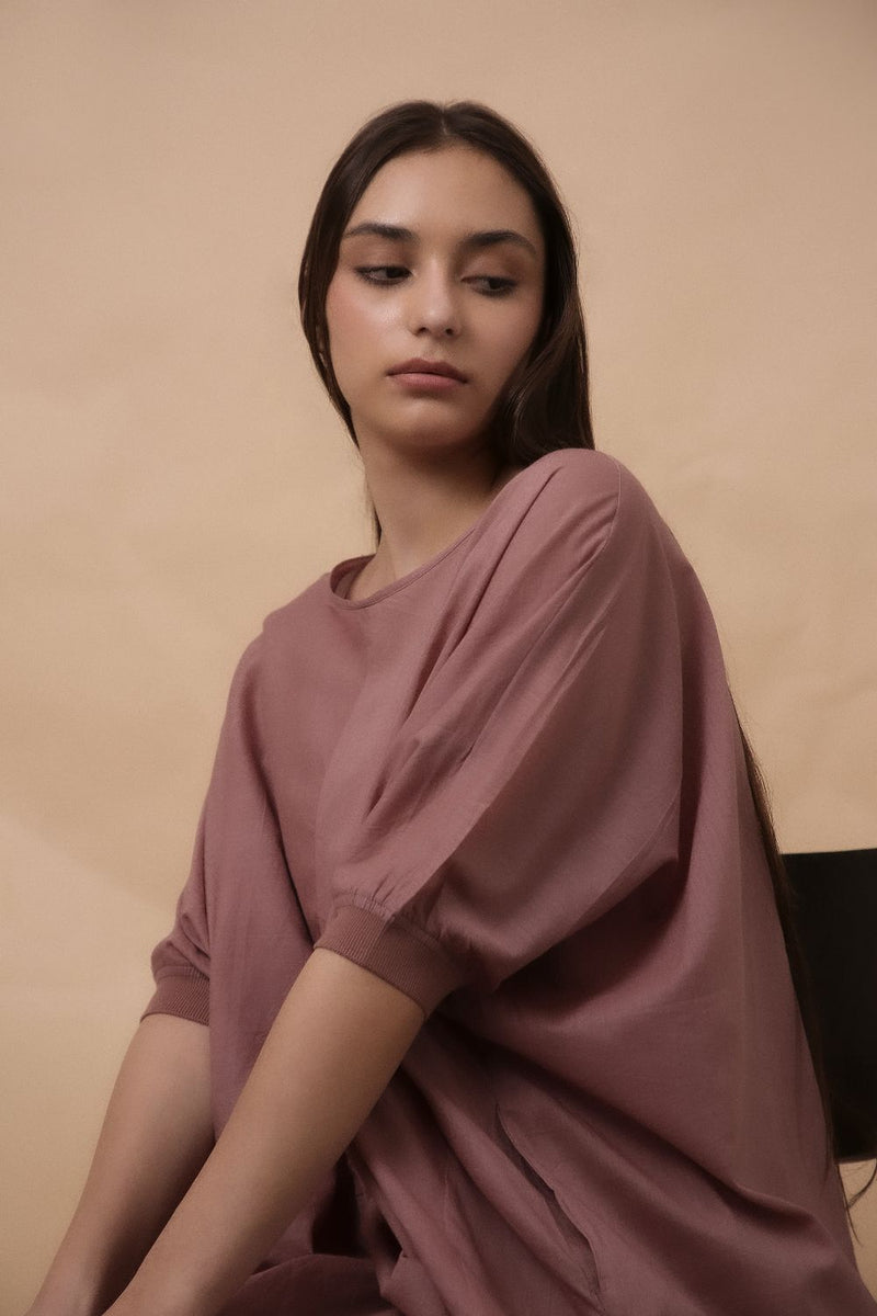 Blush Rib Mul Cowl Tunic Co-Ord Set (2 PCS) 100% cotton by Mati in blush color for women in Singapore