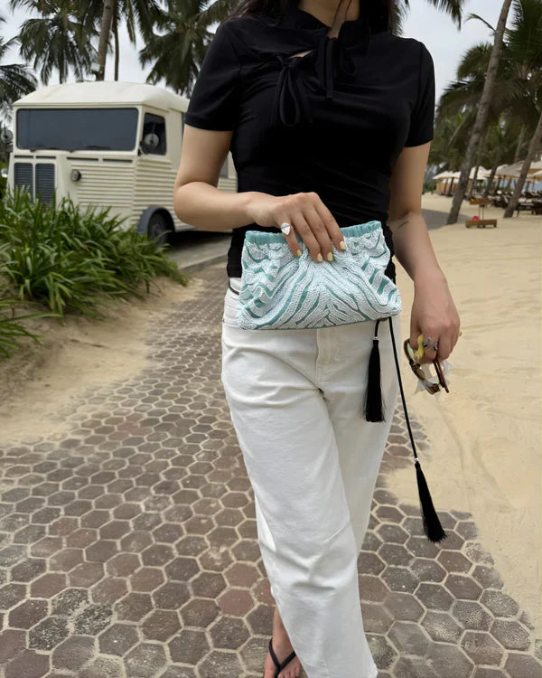 Bobbi Bag - Jungli Billi silk velvet bag by AOMIDORI SHIMAI in sea green for women in Singapore