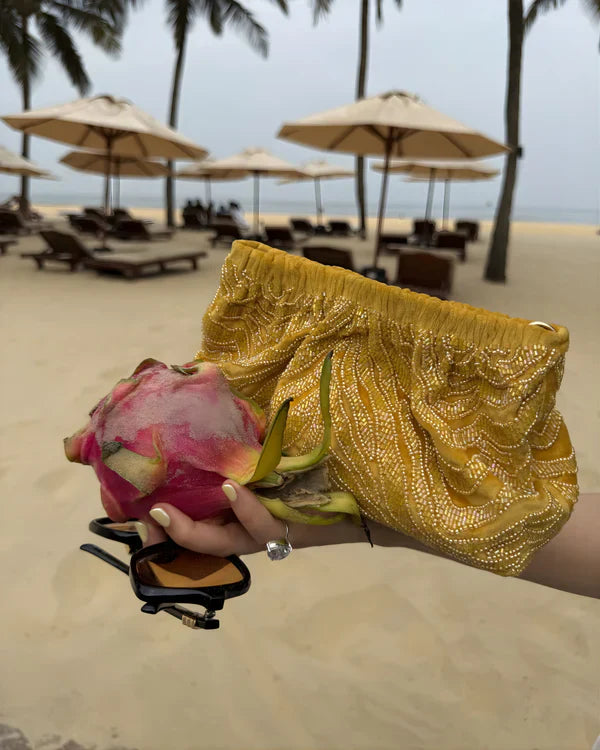 Bobbi Bag - Jungli Billi silk velvet bag by AOMIDORI SHIMAI in yellow for women in Singapore