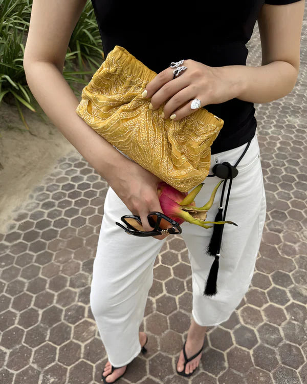 Bobbi Bag - Jungli Billi silk velvet bag by AOMIDORI SHIMAI in yellow for women in Singapore