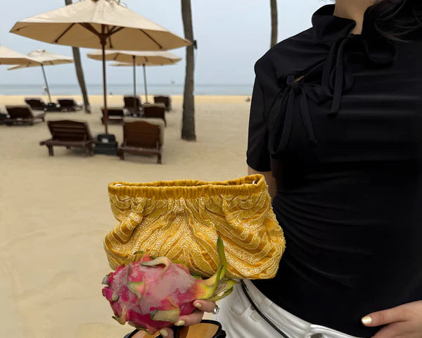 Bobbi Bag - Jungli Billi silk velvet bag by AOMIDORI SHIMAI in yellow for women in Singapore