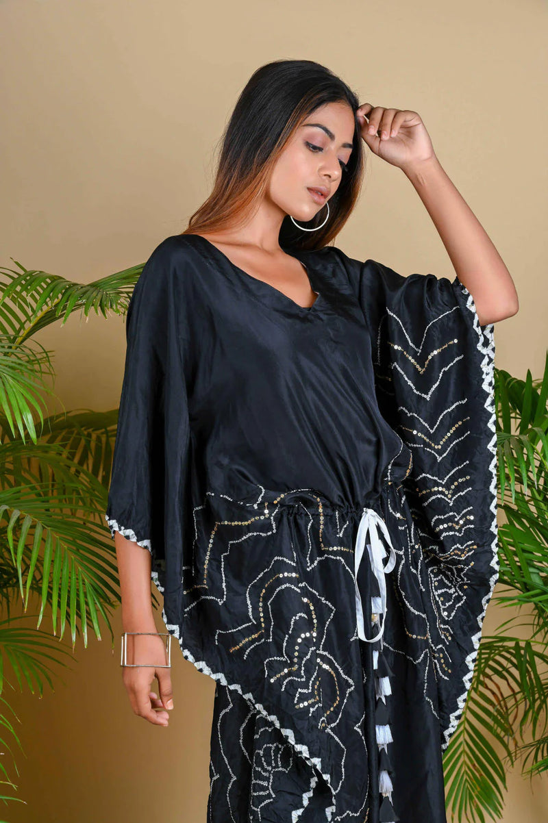 BOHEMIAN KAFTAN-BLACK silk by Dyelogue in black color for women in Singapore