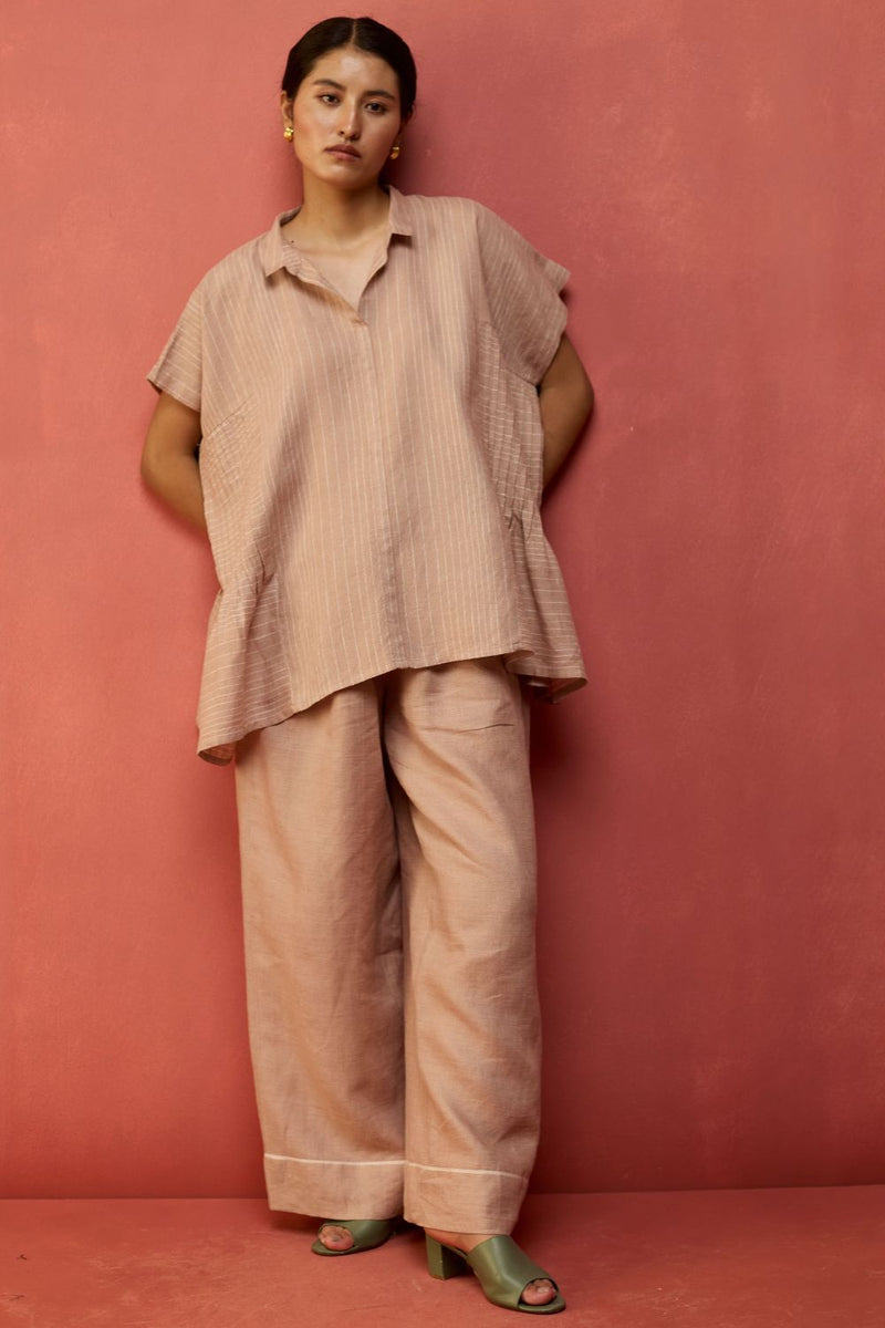 Bonnie Pleated Stripe Linen Top - Dusty Rose by Manan for in Singapore