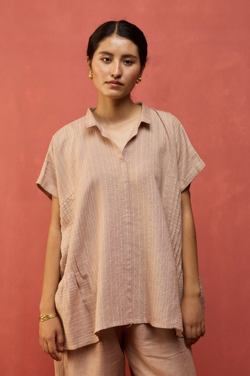 Bonnie Pleated Stripe Linen Top - Dusty Rose by Manan for in Singapore