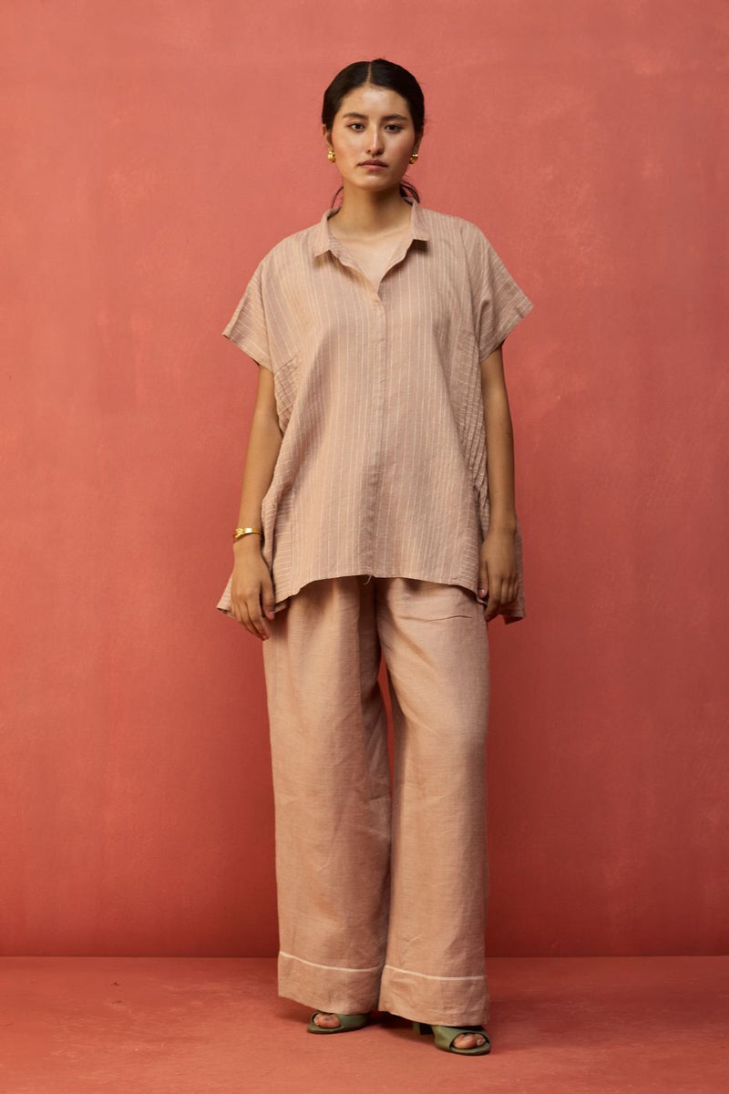 Bonnie Pleated Stripe Linen Top - Dusty Rose by Manan for in Singapore