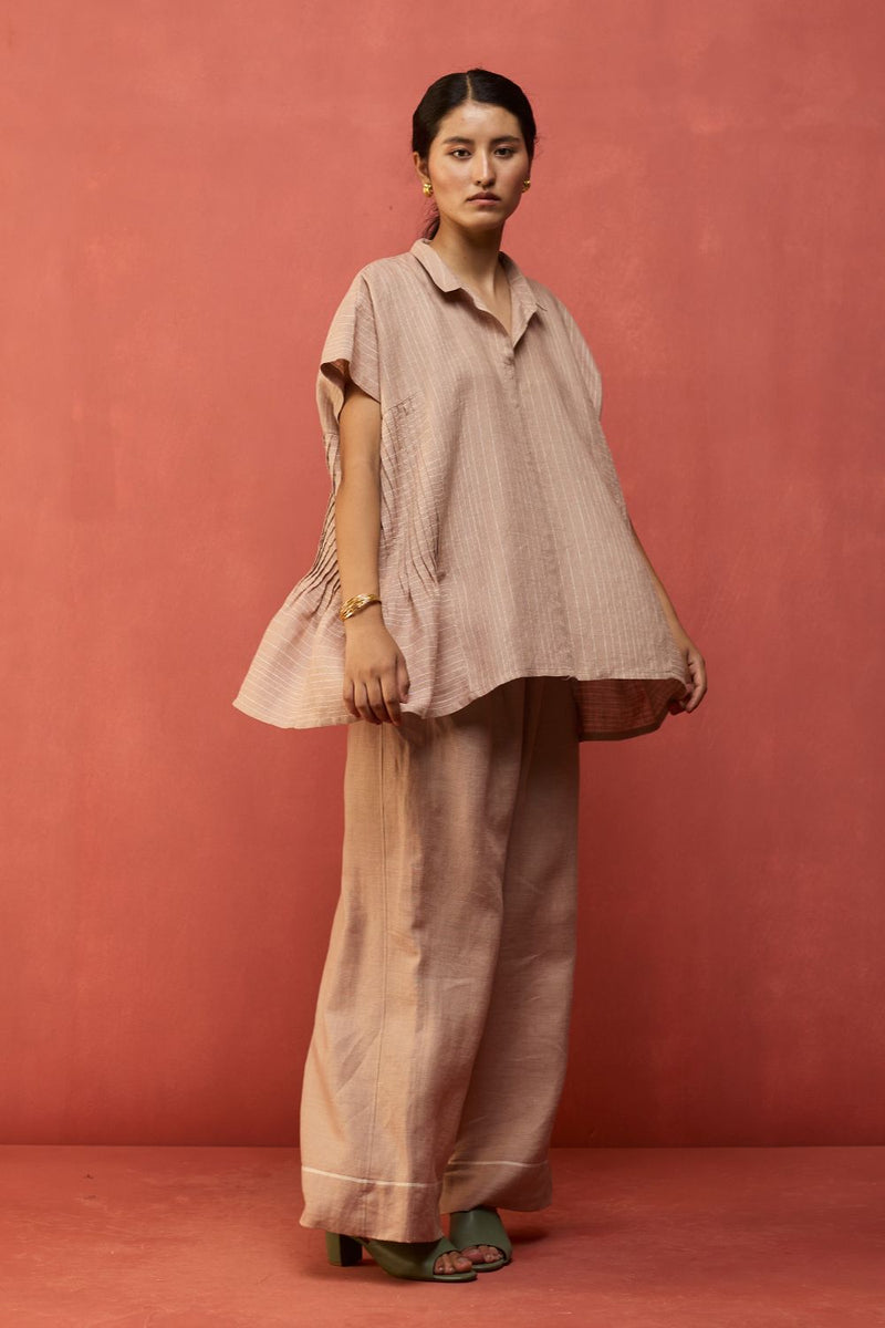 Bonnie Pleated Stripe Linen Top - Dusty Rose by Manan for in Singapore