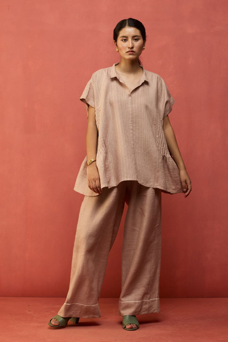 Bonnie Pleated Stripe Linen Top - Dusty Rose by Manan for in Singapore