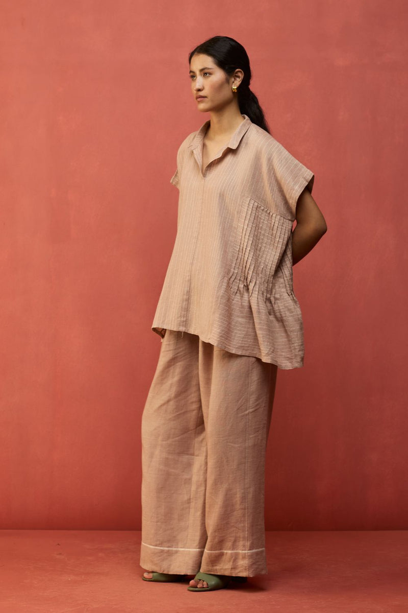 Bonnie Pleated Stripe Linen Co-ord Set - Dusty Rose by Manan for in Singapore