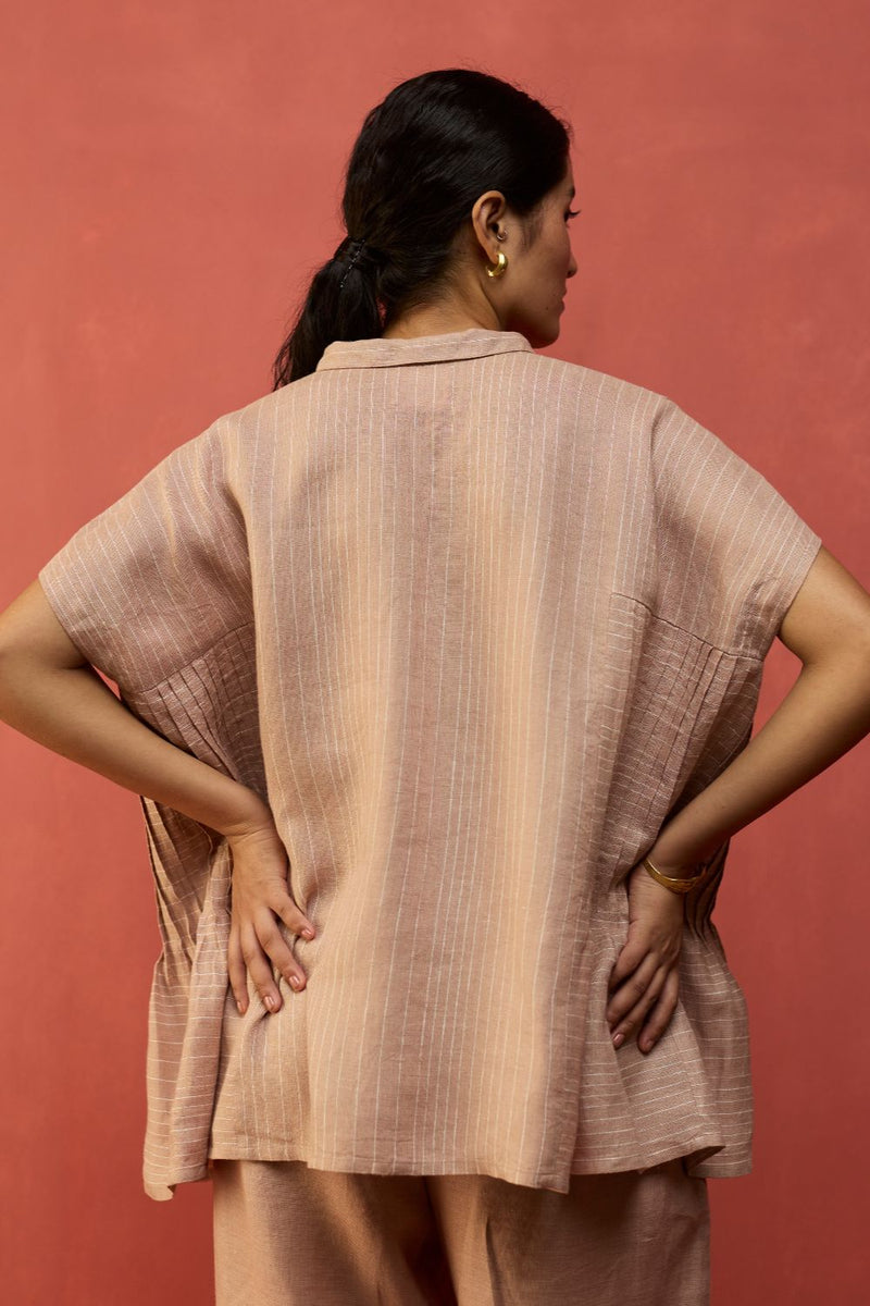 Bonnie Pleated Stripe Linen Top - Dusty Rose by Manan for in Singapore