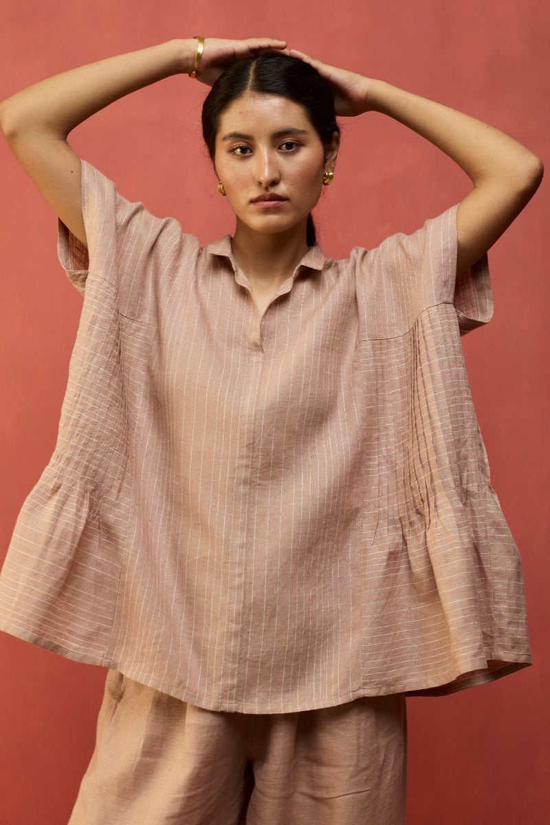 Bonnie Pleated Stripe Linen Top - Dusty Rose by Manan for in Singapore