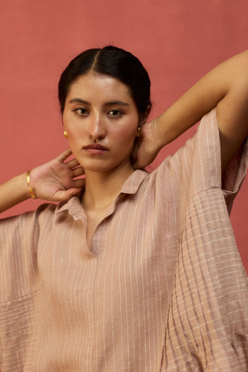Bonnie Pleated Stripe Linen Co-ord Set - Dusty Rose by Manan for in Singapore