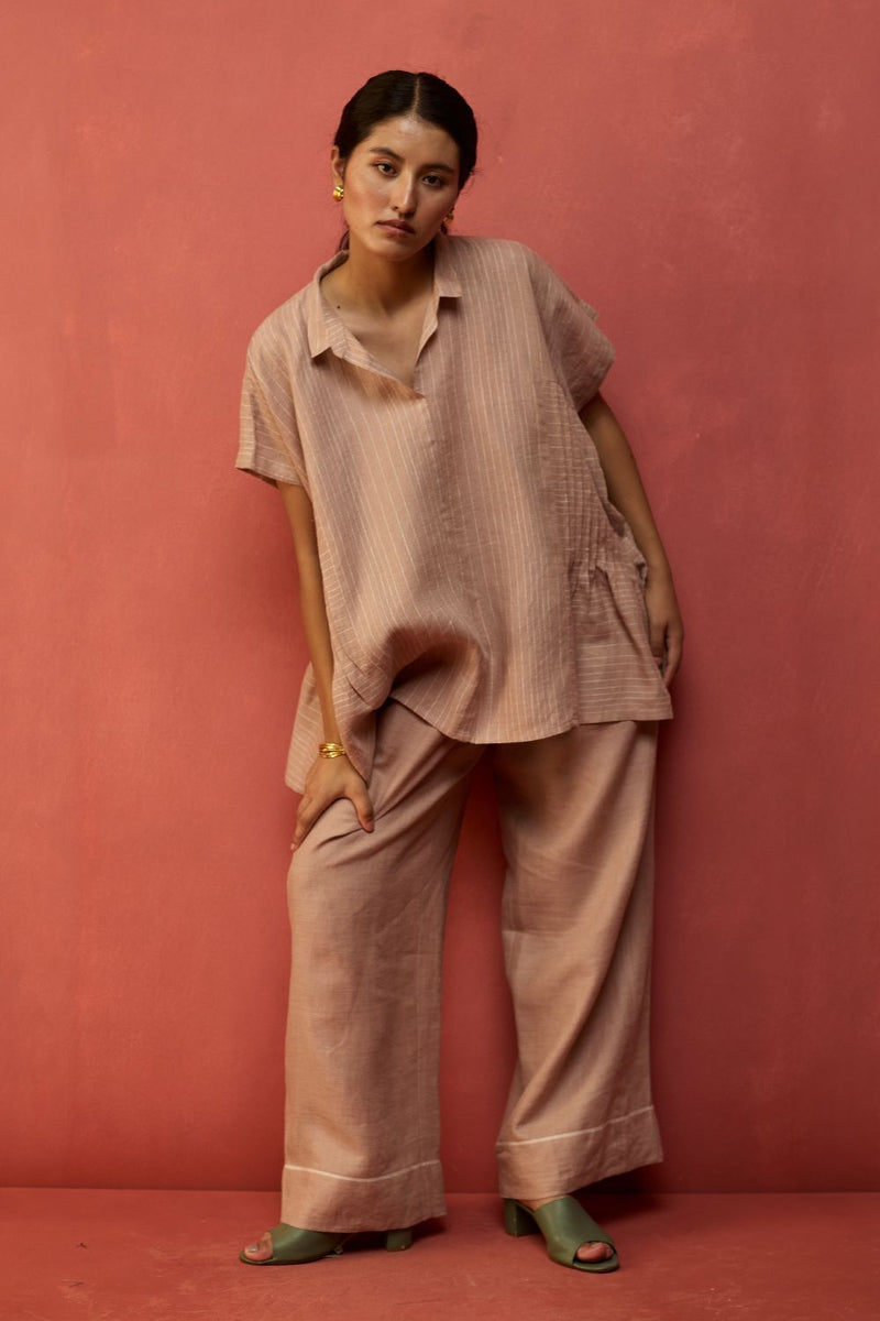 Bonnie Pleated Stripe Linen Top - Dusty Rose by Manan for in Singapore