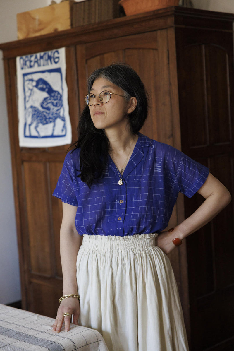 Boro boro shirt-Blue 100% cotton by World of Crow in blue color for women in Singapore