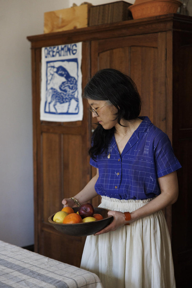 Boro boro shirt-Blue 100% cotton by World of Crow in blue color for women in Singapore