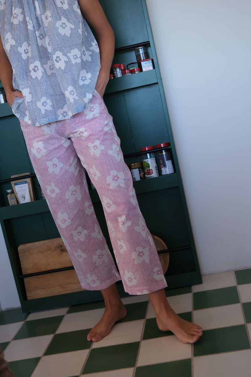 Breezy Bloom Pants hand block printed cotton. pant/trouser by World of Crow in pink for women in Singapore