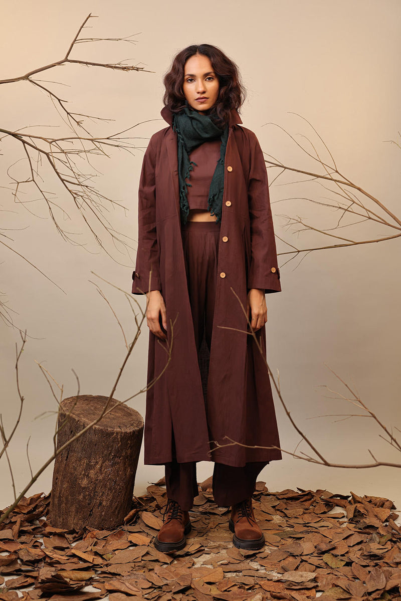 Brown Cali Trench Jacket Set (3 PCS) 100% cotton by Mati in brown color for women in Singapore
