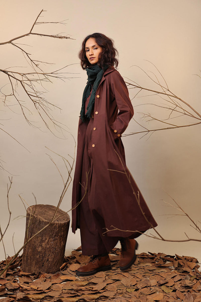 Brown Cali Trench Jacket 100% cotton by Mati in brown color for women in Singapore