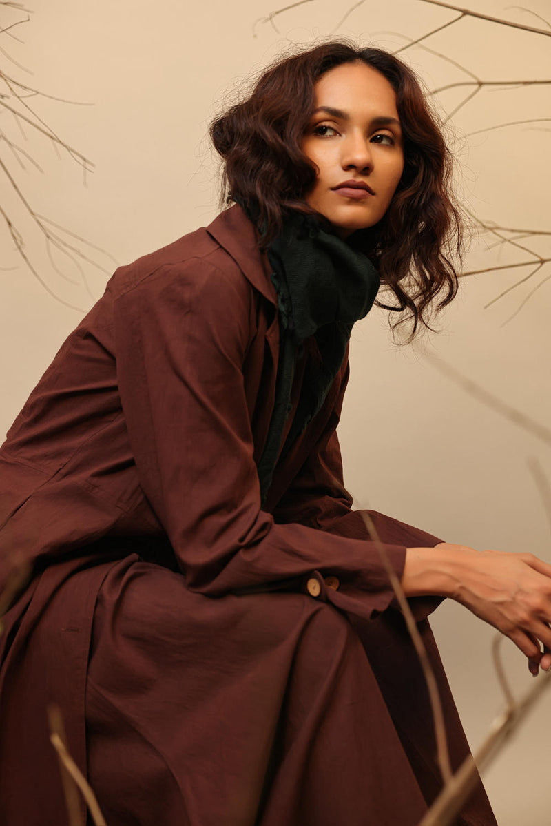 Brown Cali Trench Jacket 100% cotton by Mati in brown color for women in Singapore