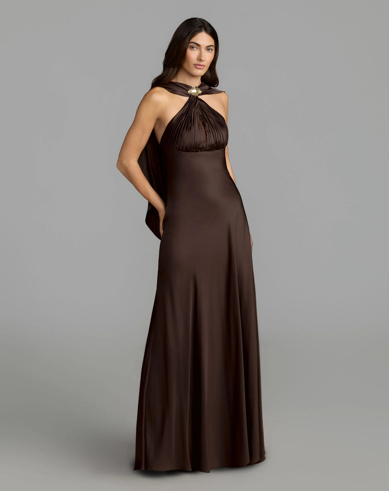 27878-Brown Charmeuse Cowl Back Halter Gown polyester evening-gowns by Mac Duggal in brown for women in Singapore
