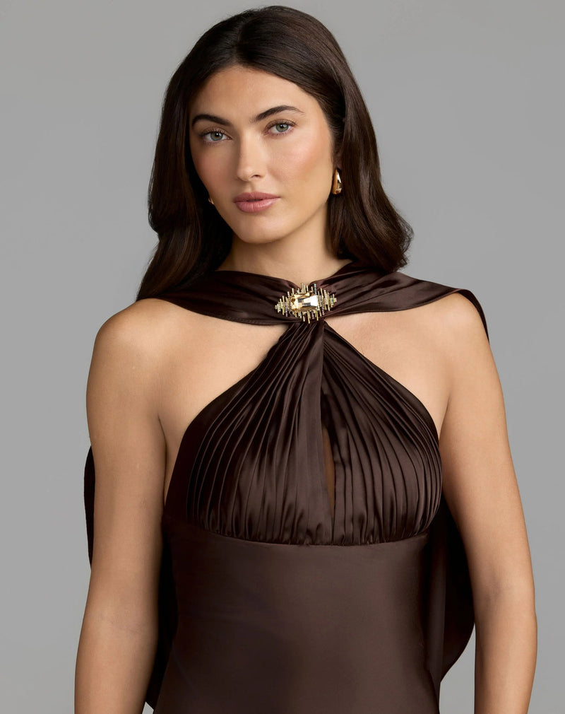 27878-Brown Charmeuse Cowl Back Halter Gown polyester evening-gowns by Mac Duggal in brown for women in Singapore