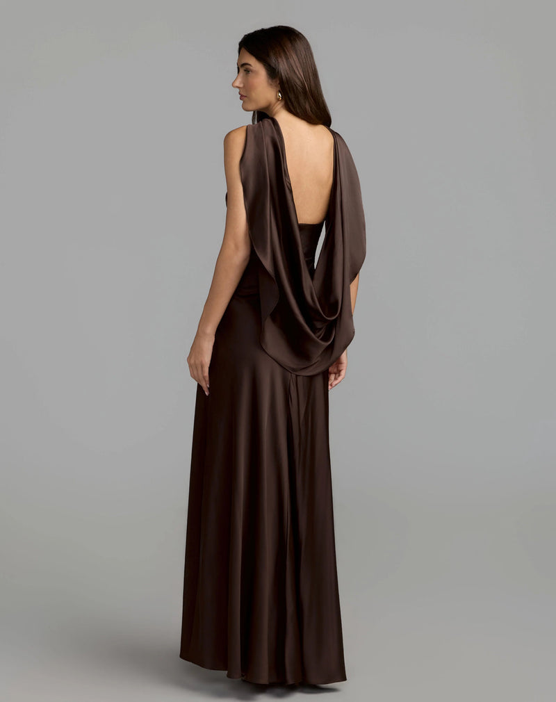 27878-Brown Charmeuse Cowl Back Halter Gown polyester evening-gowns by Mac Duggal in brown for women in Singapore