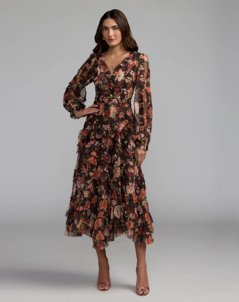 8509-Brown Floral Long Sleeve Mirco Ruffle Midi Dress polyester cocktail-and-party-dresses by Mac Duggal in multi-color for women in Singapore