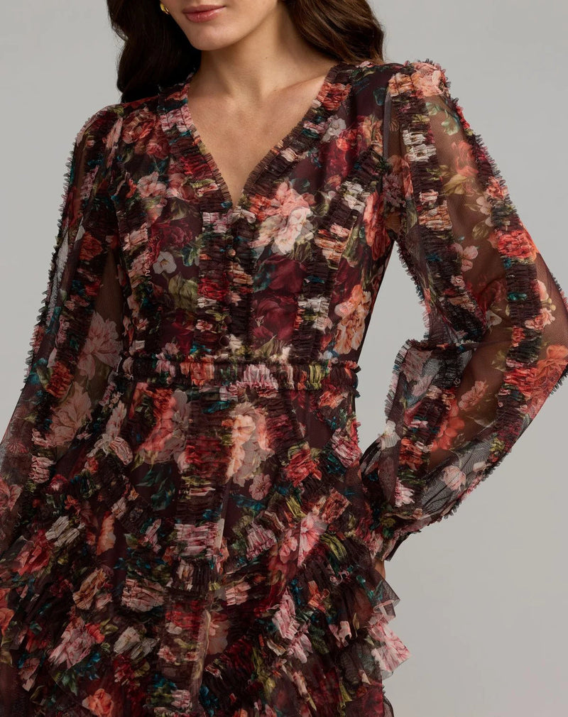 8509-Brown Floral Long Sleeve Mirco Ruffle Midi Dress polyester cocktail-and-party-dresses by Mac Duggal in multi-color for women in Singapore