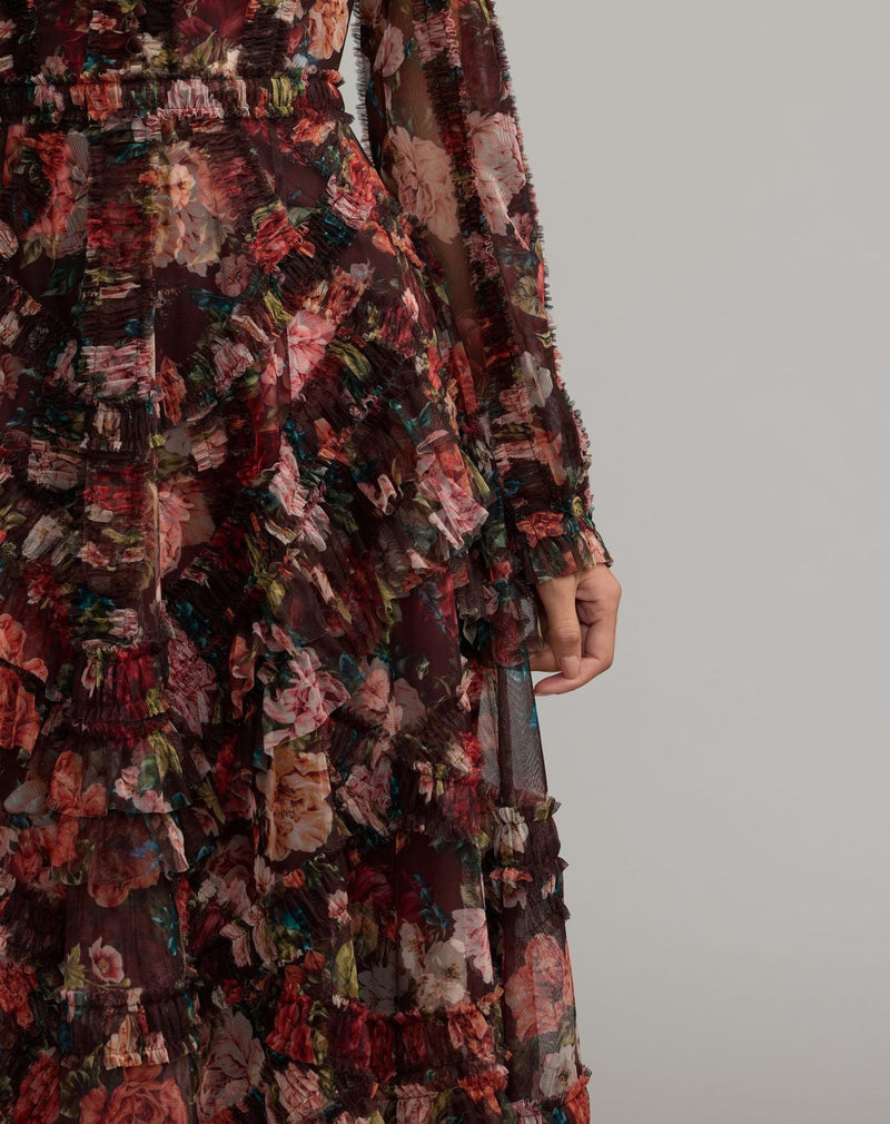 8509-Brown Floral Long Sleeve Mirco Ruffle Midi Dress polyester cocktail-and-party-dresses by Mac Duggal in multi-color for women in Singapore