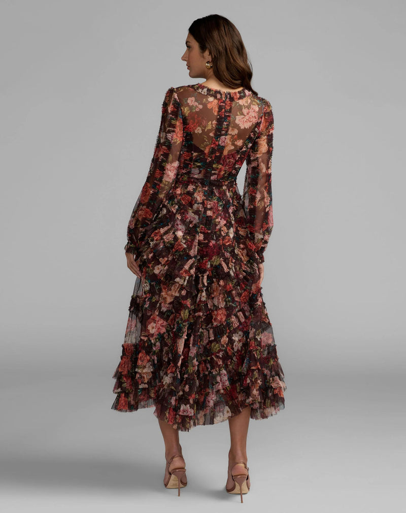 8509-Brown Floral Long Sleeve Mirco Ruffle Midi Dress polyester cocktail-and-party-dresses by Mac Duggal in multi-color for women in Singapore