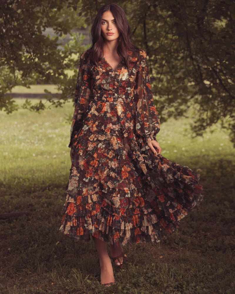 8509-Brown Floral Long Sleeve Mirco Ruffle Midi Dress polyester cocktail-and-party-dresses by Mac Duggal in multi-color for women in Singapore