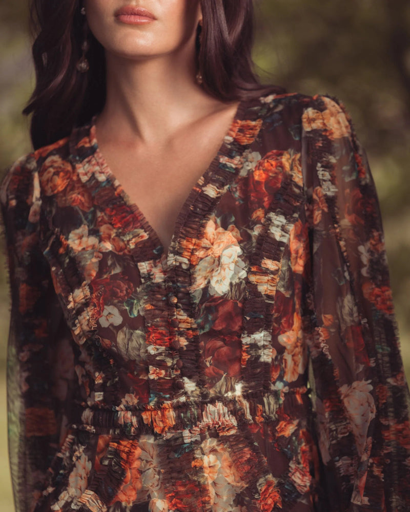 8509-Brown Floral Long Sleeve Mirco Ruffle Midi Dress polyester cocktail-and-party-dresses by Mac Duggal in multi-color for women in Singapore