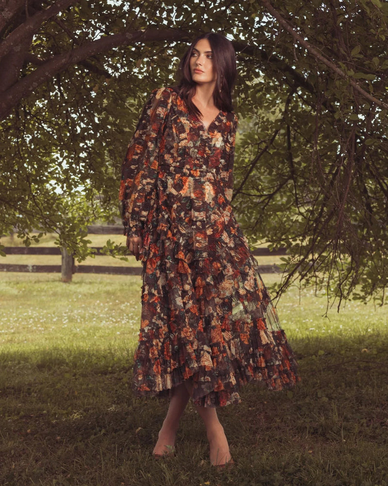 8509-Brown Floral Long Sleeve Mirco Ruffle Midi Dress polyester cocktail-and-party-dresses by Mac Duggal in multi-color for women in Singapore