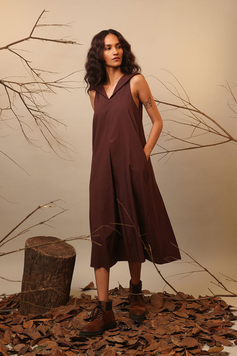 Brown Hooded Vita Dress 100% cotton by Mati in brown color for women in Singapore