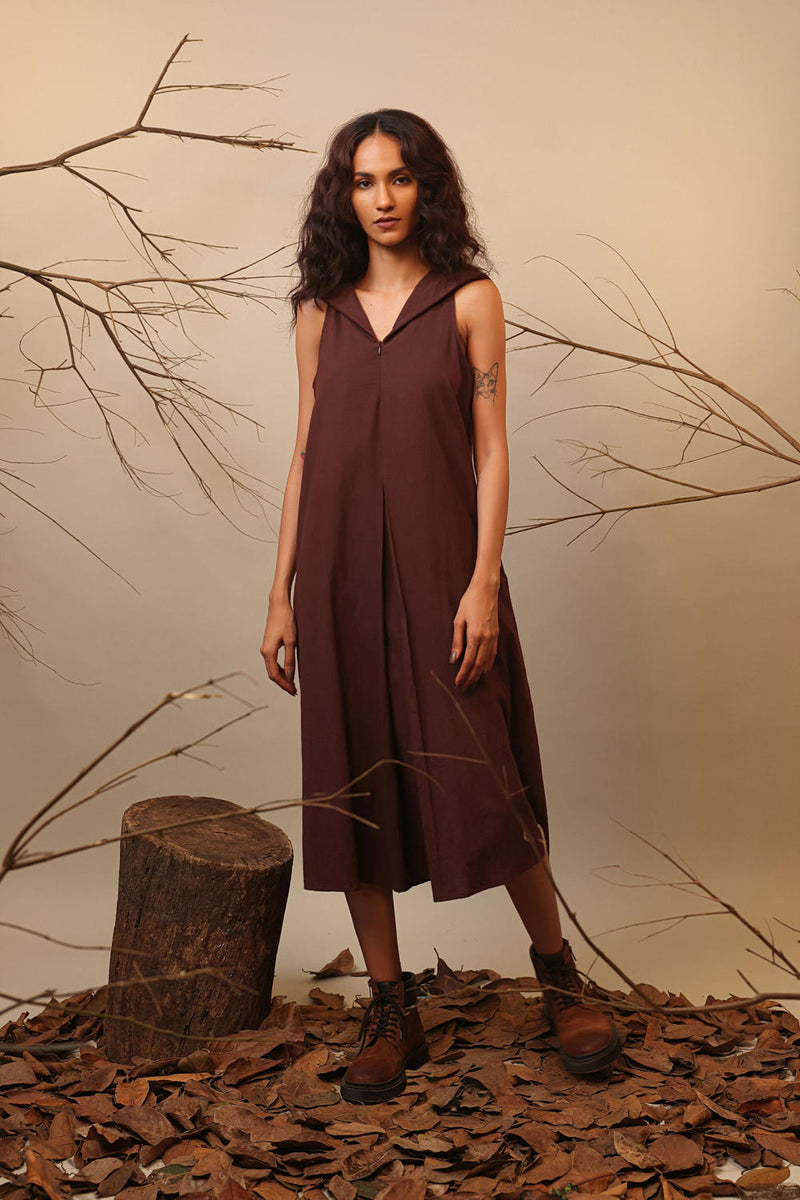 Brown Hooded Vita Dress 100% cotton by Mati in brown color for women in Singapore